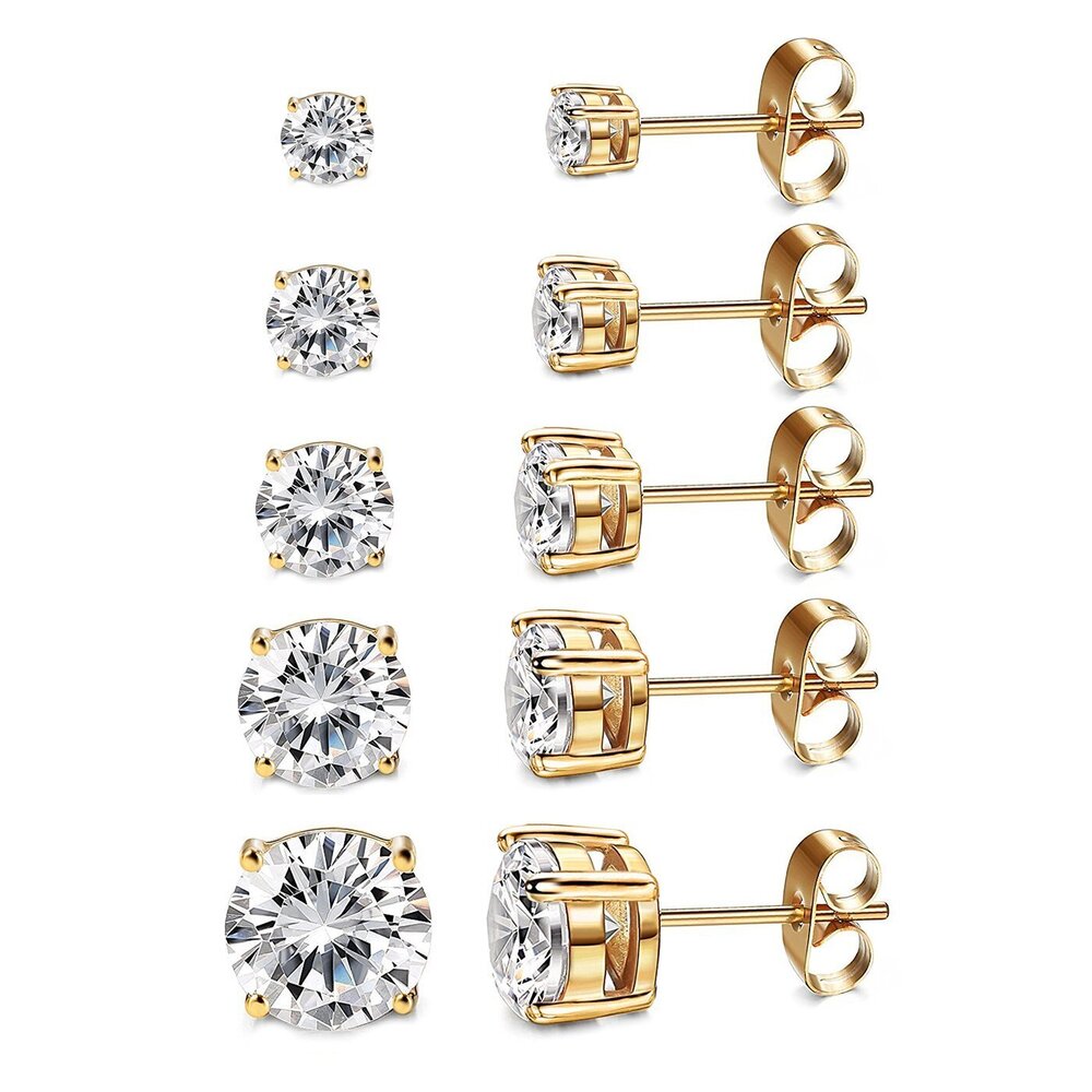 Women's 5 Pairs CZ Stud Earrings Simulated Diamond Round Warm Gold